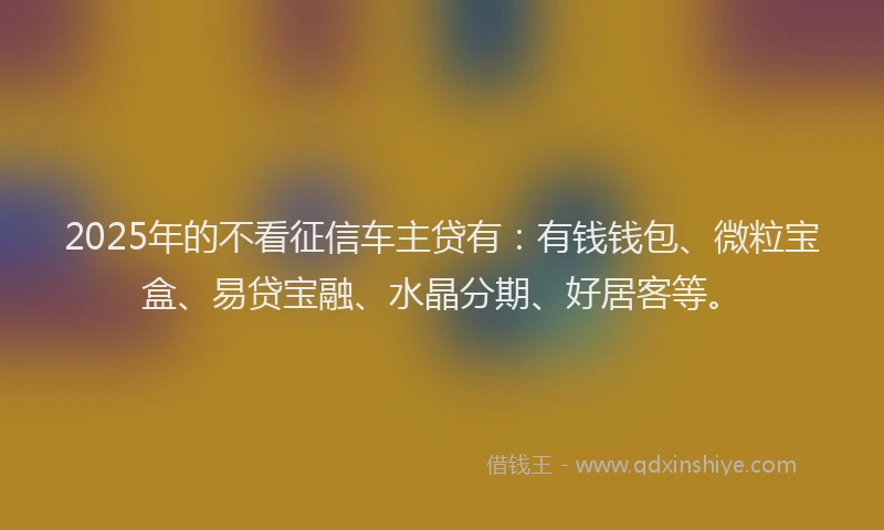 2025年的不看征信车主贷有：有钱钱包、微粒宝盒、易贷宝融、水晶分期、好居客等。