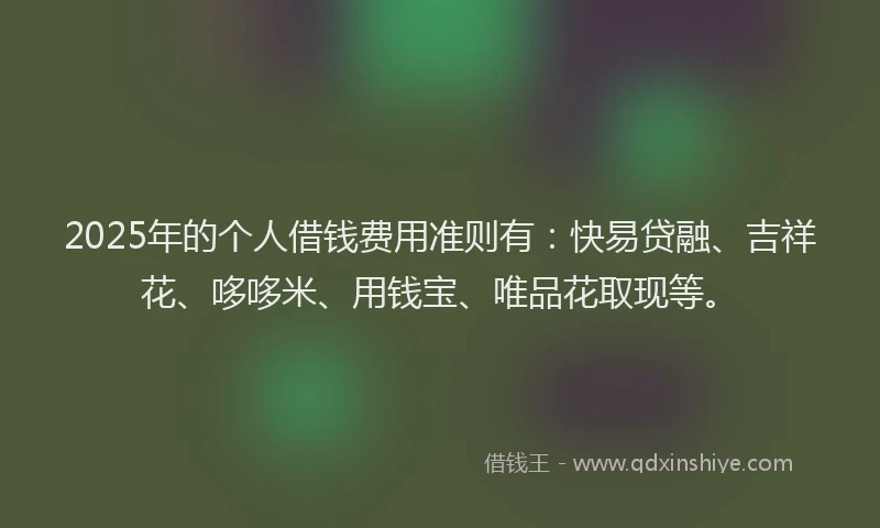 2025年的个人借钱费用准则有：快易贷融、吉祥花、哆哆米、用钱宝、唯品花取现等。