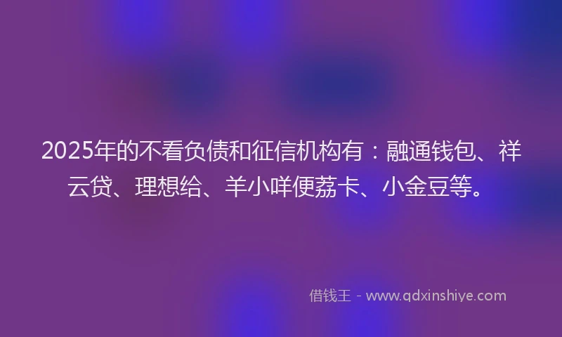 2025年的不看负债和征信机构有：融通钱包、祥云贷、理想给、羊小咩便荔卡、小金豆等。