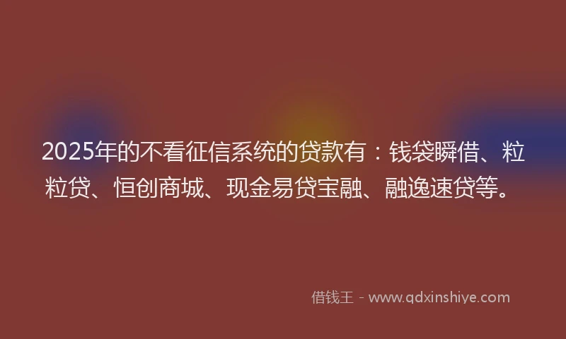 2025年的不看征信系统的贷款有:钱袋瞬借、粒粒贷、恒创商城、现金易贷宝融、融逸速贷等。