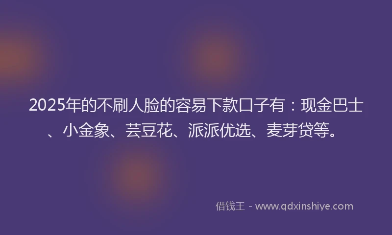 2025年的不刷人脸的容易下款口子有：现金巴士、小金象、芸豆花、派派优选、麦芽贷等。