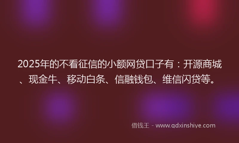 2025年的不看征信的小额网贷口子有：开源商城、现金牛、移动白条、信融钱包、维信闪贷等。
