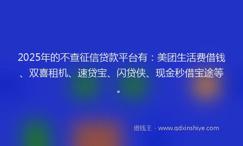2025年的不查征信贷款平台有：美团生活费借钱、双喜租机、速贷宝、闪贷侠、现金秒借宝途等。