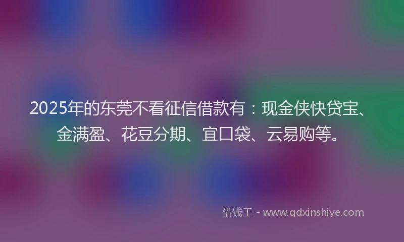 2025年的东莞不看征信借款有：现金侠快贷宝、金满盈、花豆分期、宜口袋、云易购等。