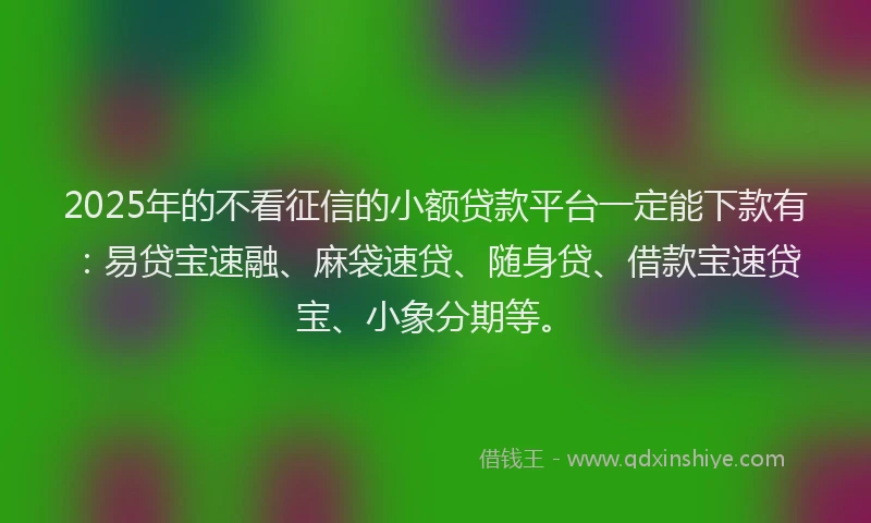 2025年的不看征信的小额贷款平台一定能下款有：易贷宝速融、麻袋速贷、随身贷、借款宝速贷宝、小象分期等。