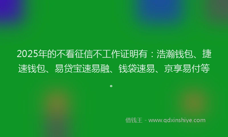 2025年的不看征信不工作证明有：浩瀚钱包、捷速钱包、易贷宝速易融、钱袋速易、京享易付等。