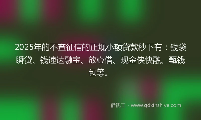 2025年的不查征信的正规小额贷款秒下有：钱袋瞬贷、钱速达融宝、放心借、现金侠快融、甄钱包等。