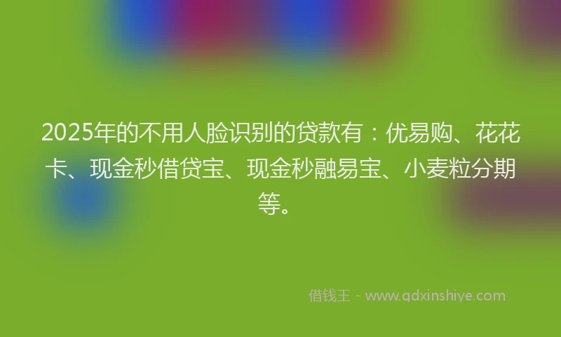 2025年的不用人脸识别的贷款有：优易购、花花卡、现金秒借贷宝、现金秒融易宝、小麦粒分期等。