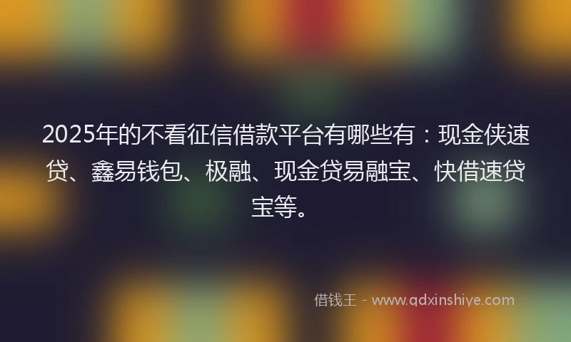 2025年的不看征信借款平台有哪些有：现金侠速贷、鑫易钱包、极融、现金贷易融宝、快借速贷宝等。