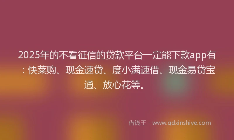 2025年的不看征信的贷款平台一定能下款app有：快莱购、现金速贷、度小满速借、现金易贷宝通、放心花等。