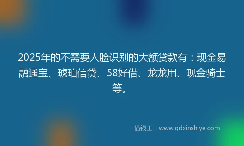 2025年的不需要人脸识别的大额贷款有：现金易融通宝、琥珀信贷、58好借、龙龙用、现金骑士等。