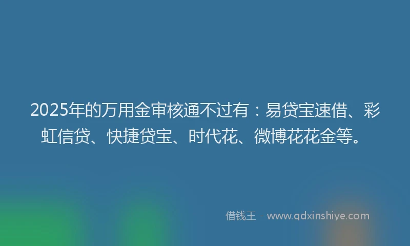 2025年的万用金审核通不过有：易贷宝速借、彩虹信贷、快捷贷宝、时代花、微博花花金等。