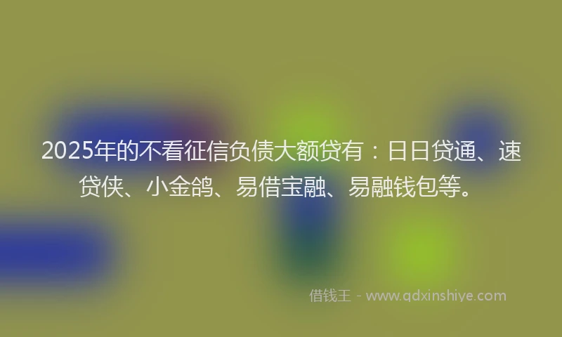 2025年的不看征信负债大额贷有：日日贷通、速贷侠、小金鸽、易借宝融、易融钱包等。