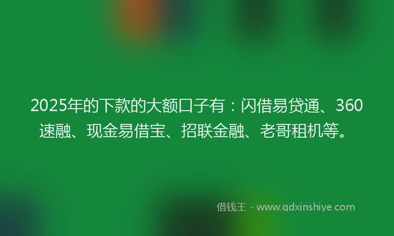 2025年的下款的大额口子有：闪借易贷通、360速融、现金易借宝、招联金融、老哥租机等。