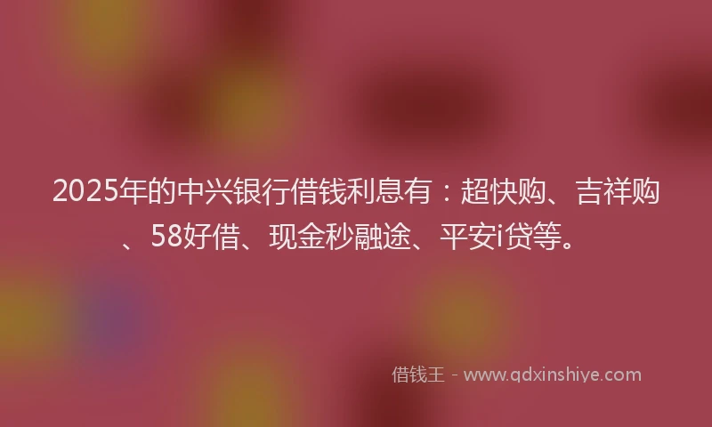 2025年的中兴银行借钱利息有：超快购、吉祥购、58好借、现金秒融途、平安i贷等。