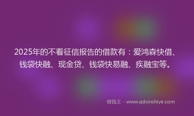 2025年的不看征信报告的借款有：爱鸿森快借、钱袋快融、现金贷、钱袋快易融、疾融宝等。