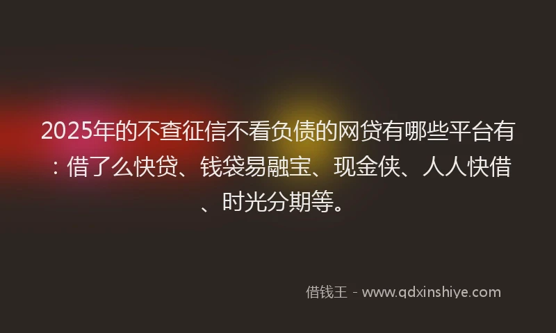 2025年的不查征信不看负债的网贷有哪些平台有：借了么快贷、钱袋易融宝、现金侠、人人快借、时光分期等。