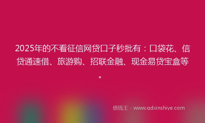 2025年的不看征信网贷口子秒批有：口袋花、信贷通速借、旅游购、招联金融、现金易贷宝盒等。