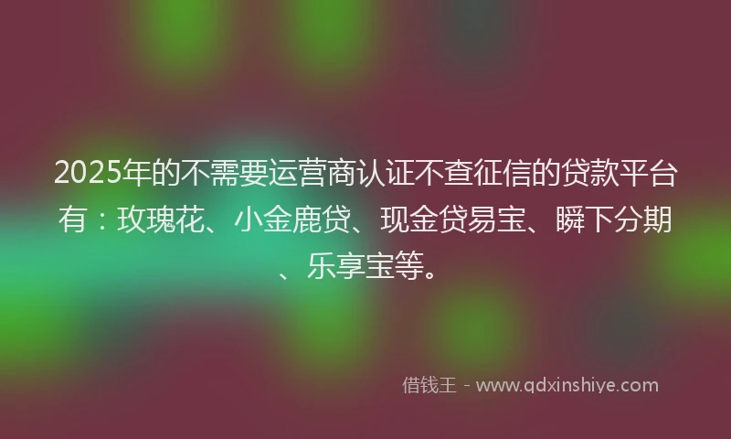 2025年的不需要运营商认证不查征信的贷款平台有：玫瑰花、小金鹿贷、现金贷易宝、瞬下分期、乐享宝等。