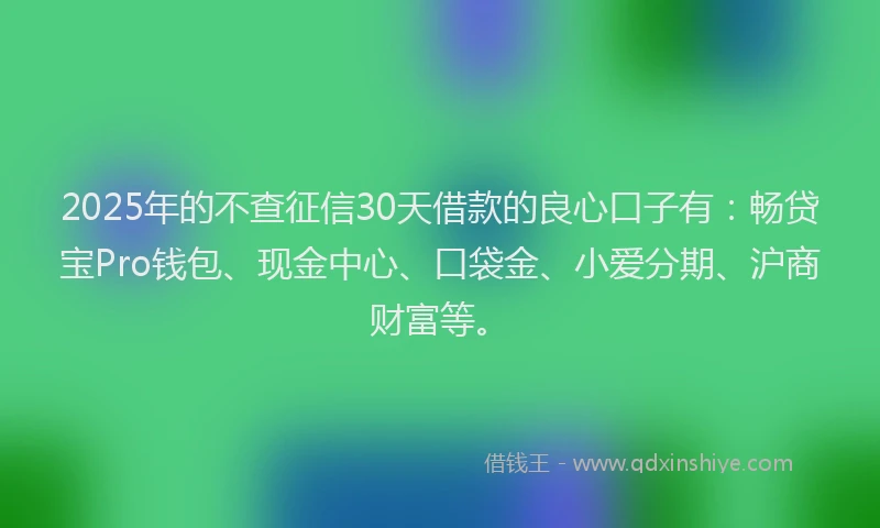 2025年的不查征信30天借款的良心口子有：畅贷宝Pro钱包、现金中心、口袋金、小爱分期、沪商财富等。