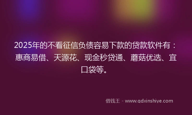 2025年的不看征信负债容易下款的贷款软件有：惠商易借、天源花、现金秒贷通、蘑菇优选、宜口袋等。