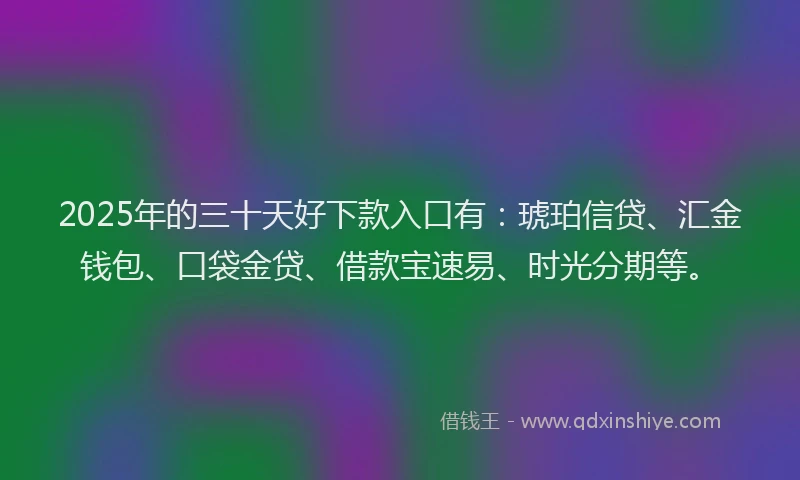 2025年的三十天好下款入口有：琥珀信贷、汇金钱包、口袋金贷、借款宝速易、时光分期等。