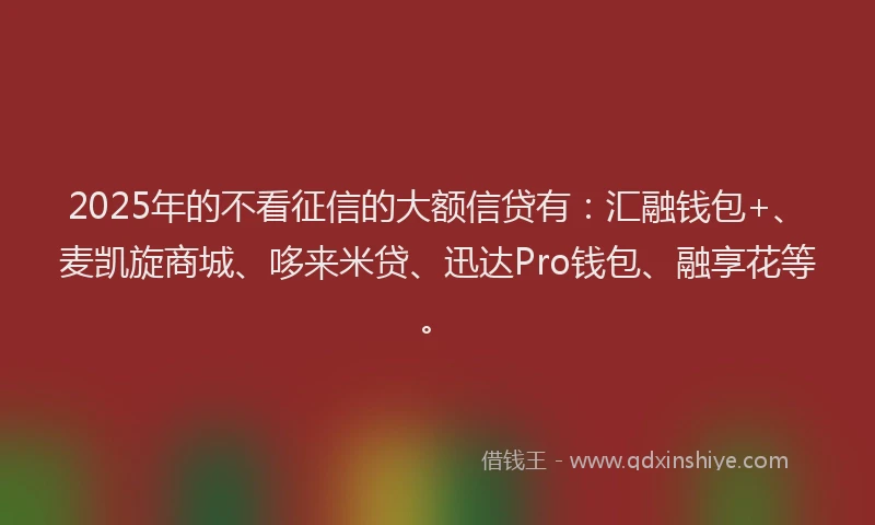 2025年的不看征信的大额信贷有：汇融钱包+、麦凯旋商城、哆来米贷、迅达Pro钱包、融享花等。