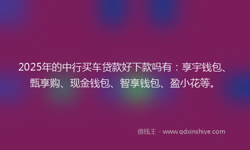 2025年的中行买车贷款好下款吗有：享宇钱包、甄享购、现金钱包、智享钱包、盈小花等。