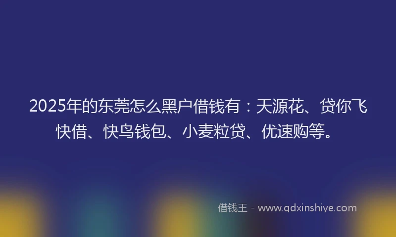 2025年的东莞怎么黑户借钱有：天源花、贷你飞快借、快鸟钱包、小麦粒贷、优速购等。