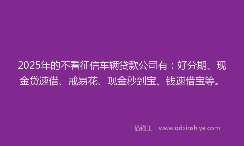2025年的不看征信车辆贷款公司有：好分期、现金贷速借、戒易花、现金秒到宝、钱速借宝等。