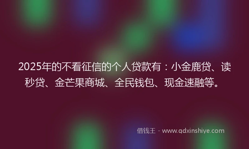 2025年的不看征信的个人贷款有：小金鹿贷、读秒贷、金芒果商城、全民钱包、现金速融等。