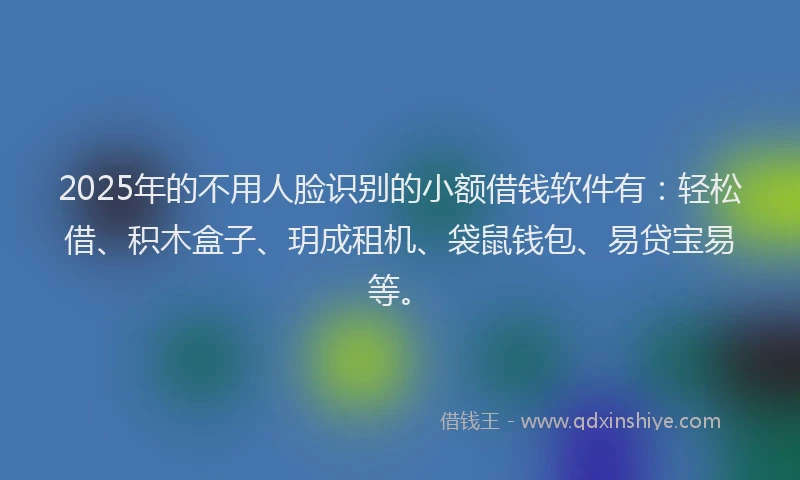 2025年的不用人脸识别的小额借钱软件有：轻松借、积木盒子、玥成租机、袋鼠钱包、易贷宝易等。