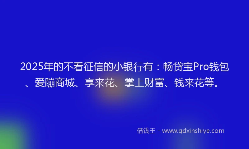 2025年的不看征信的小银行有：畅贷宝Pro钱包、爱蹦商城、享来花、掌上财富、钱来花等。