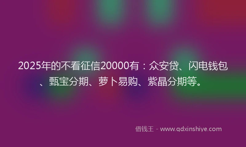 2025年的不看征信20000有：众安贷、闪电钱包、甄宝分期、萝卜易购、紫晶分期等。