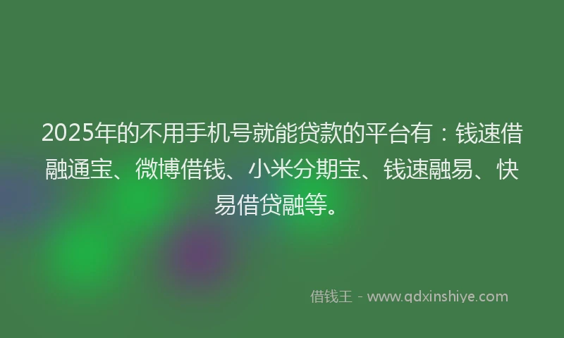 2025年的不用手机号就能贷款的平台有：钱速借融通宝、微博借钱、小米分期宝、钱速融易、快易借贷融等。