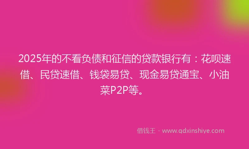 2025年的不看负债和征信的贷款银行有:花呗速借、民贷速借、钱袋易贷、现金易贷通宝、小油菜P2P等。