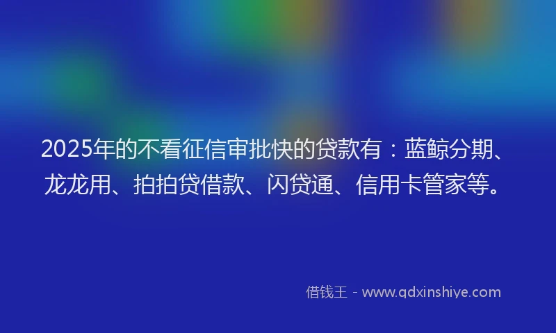 2025年的不看征信审批快的贷款有：蓝鲸分期、龙龙用、拍拍贷借款、闪贷通、信用卡管家等。
