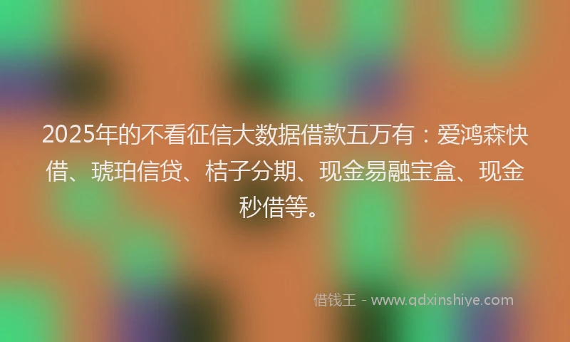 2025年的不看征信大数据借款五万有:爱鸿森快借、琥珀信贷、桔子分期、现金易融宝盒、现金秒借等。