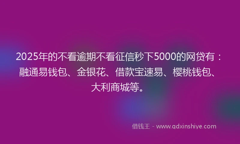 2025年的不看逾期不看征信秒下5000的网贷有：融通易钱包、金银花、借款宝速易、樱桃钱包、大利商城等。