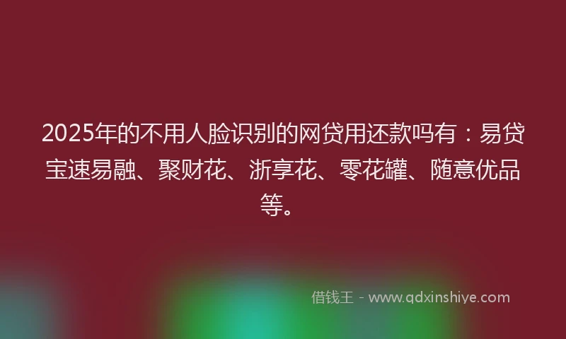 2025年的不用人脸识别的网贷用还款吗有：易贷宝速易融、聚财花、浙享花、零花罐、随意优品等。