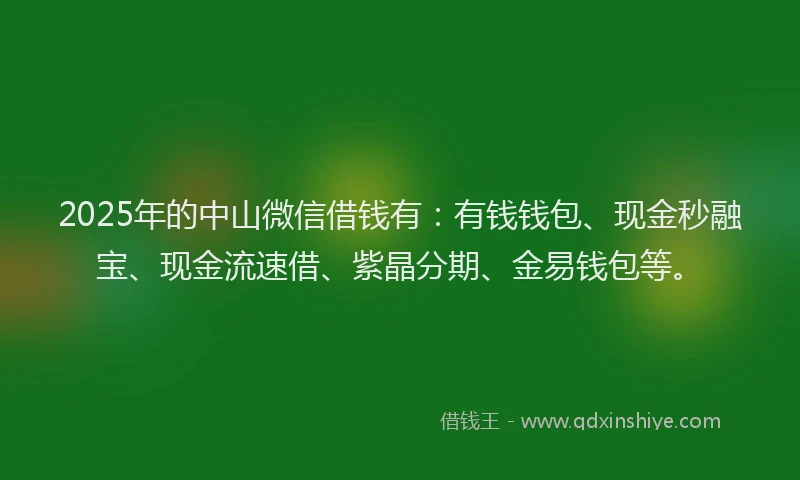 2025年的中山微信借钱有：有钱钱包、现金秒融宝、现金流速借、紫晶分期、金易钱包等。