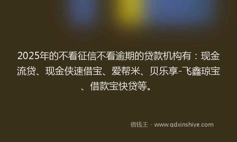 2025年的不看征信不看逾期的贷款机构有：现金流贷、现金侠速借宝、爱帮米、贝乐享-飞鑫琼宝、借款宝快贷等。