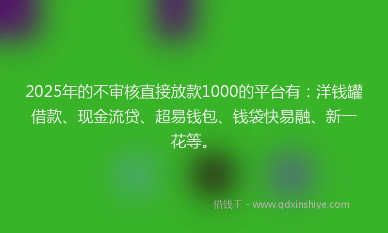 2025年的不审核直接放款1000的平台有：洋钱罐借款、现金流贷、超易钱包、钱袋快易融、新一花等。