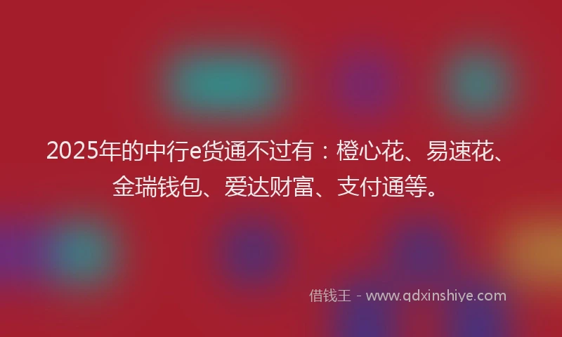 2025年的中行e货通不过有：橙心花、易速花、金瑞钱包、爱达财富、支付通等。