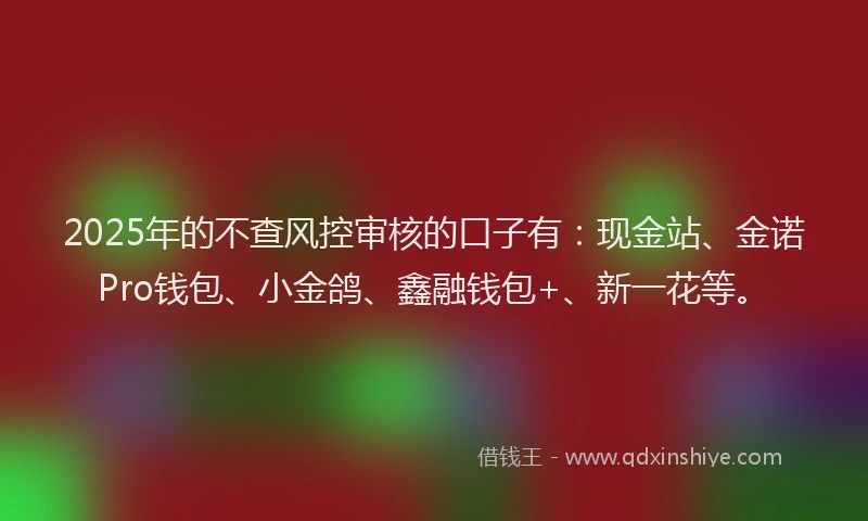 2025年的不查风控审核的口子有：现金站、金诺Pro钱包、小金鸽、鑫融钱包+、新一花等。