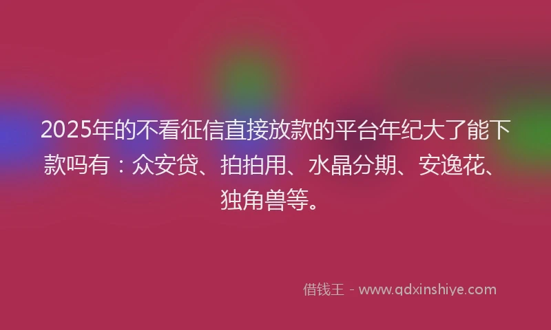2025年的不看征信直接放款的平台年纪大了能下款吗有：众安贷、拍拍用、水晶分期、安逸花、独角兽等。