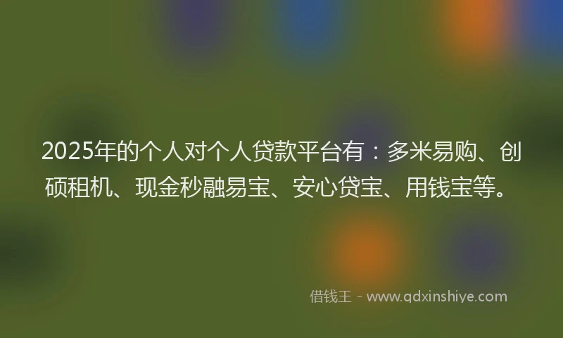 2025年的个人对个人贷款平台有：多米易购、创硕租机、现金秒融易宝、安心贷宝、用钱宝等。