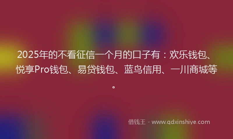 2025年的不看征信一个月的口子有：欢乐钱包、悦享Pro钱包、易贷钱包、蓝鸟信用、一川商城等。