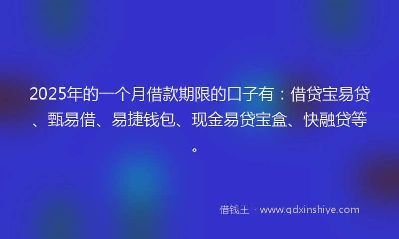 2025年的一个月借款期限的口子有：借贷宝易贷、甄易借、易捷钱包、现金易贷宝盒、快融贷等。