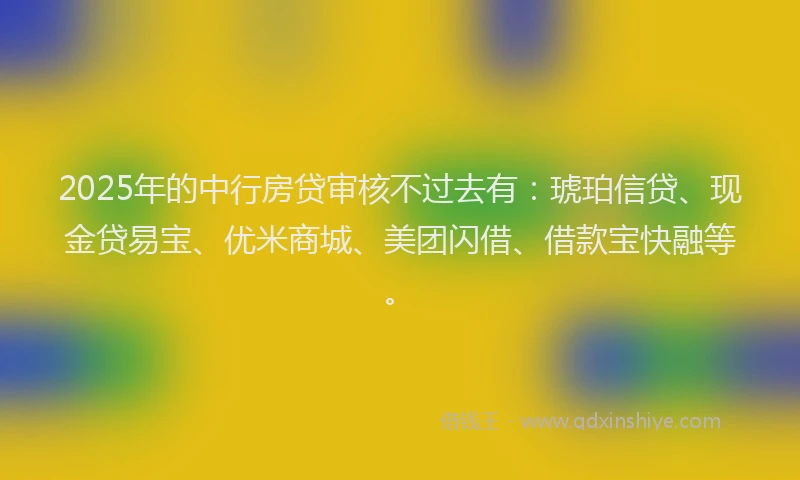 2025年的中行房贷审核不过去有：琥珀信贷、现金贷易宝、优米商城、美团闪借、借款宝快融等。
